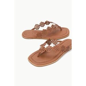 NEW Staud Dante Floral Leather Thong Slide Tan Cognac Women’s 39.5